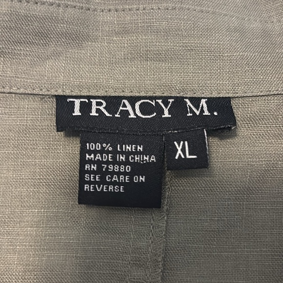 Tracy M 100% Linen Blouse in Olive SZ XL pleated front collared 3/4 sleeve vacay - Picture 4 of 11